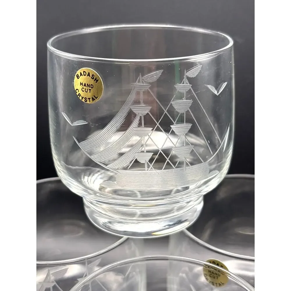 Vintage Badash Hand-cut Crystal Glasses/ Whiskey Glass Clipper Ship Design Set 4